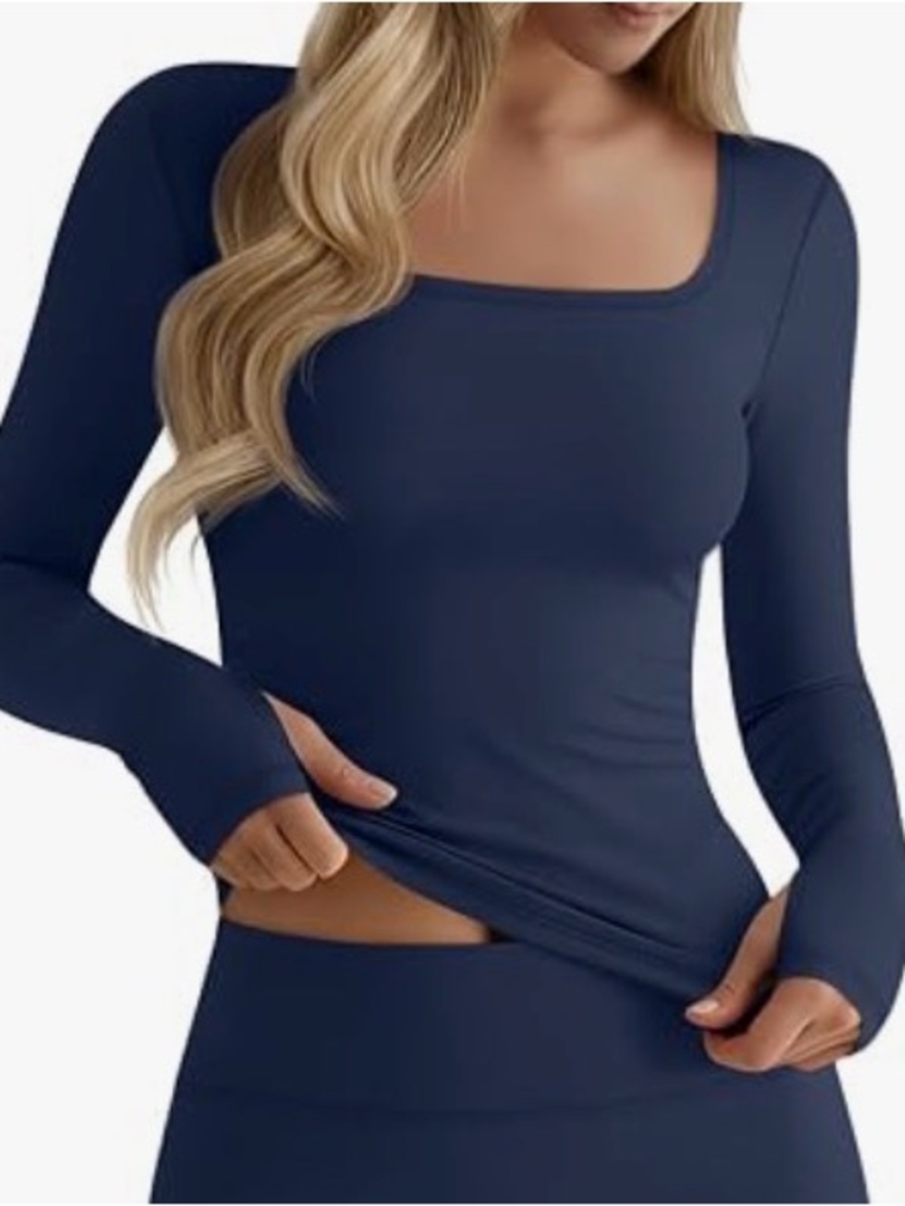 Square Neck Long Sleeve Workout Top in Navy